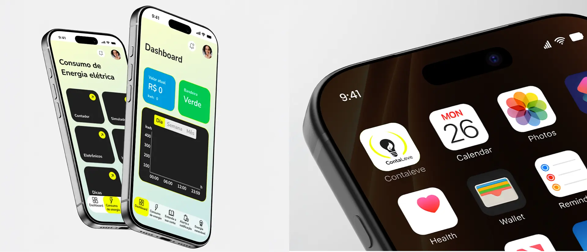 Mockups finais do ContaLeve: dois celulares exibindo o dashboard e o consumo de energia, ao lado do ícone do app na tela inicial de um iPhone