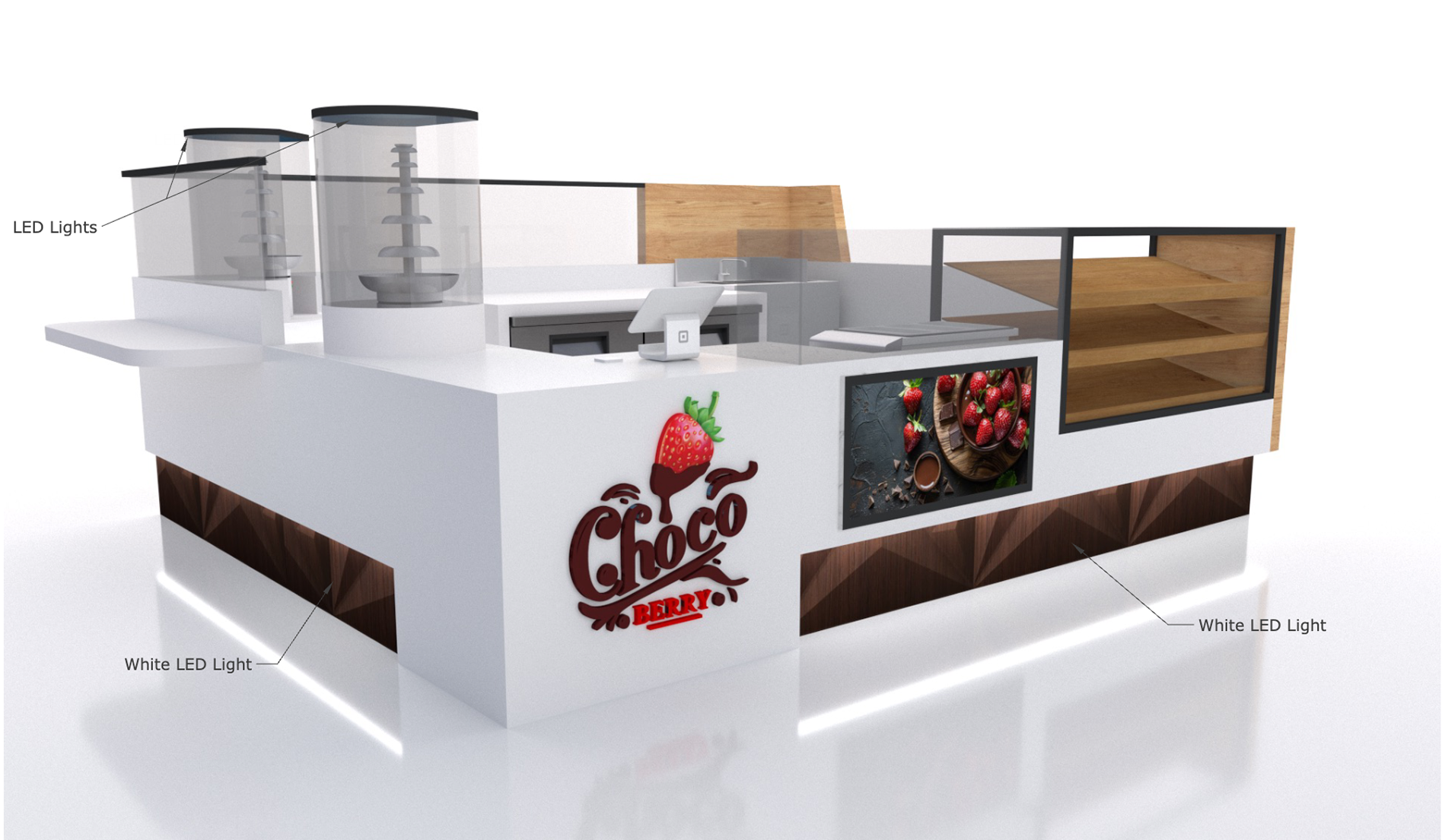 Render 3D do kiosk Choco Berry com iluminação em LED