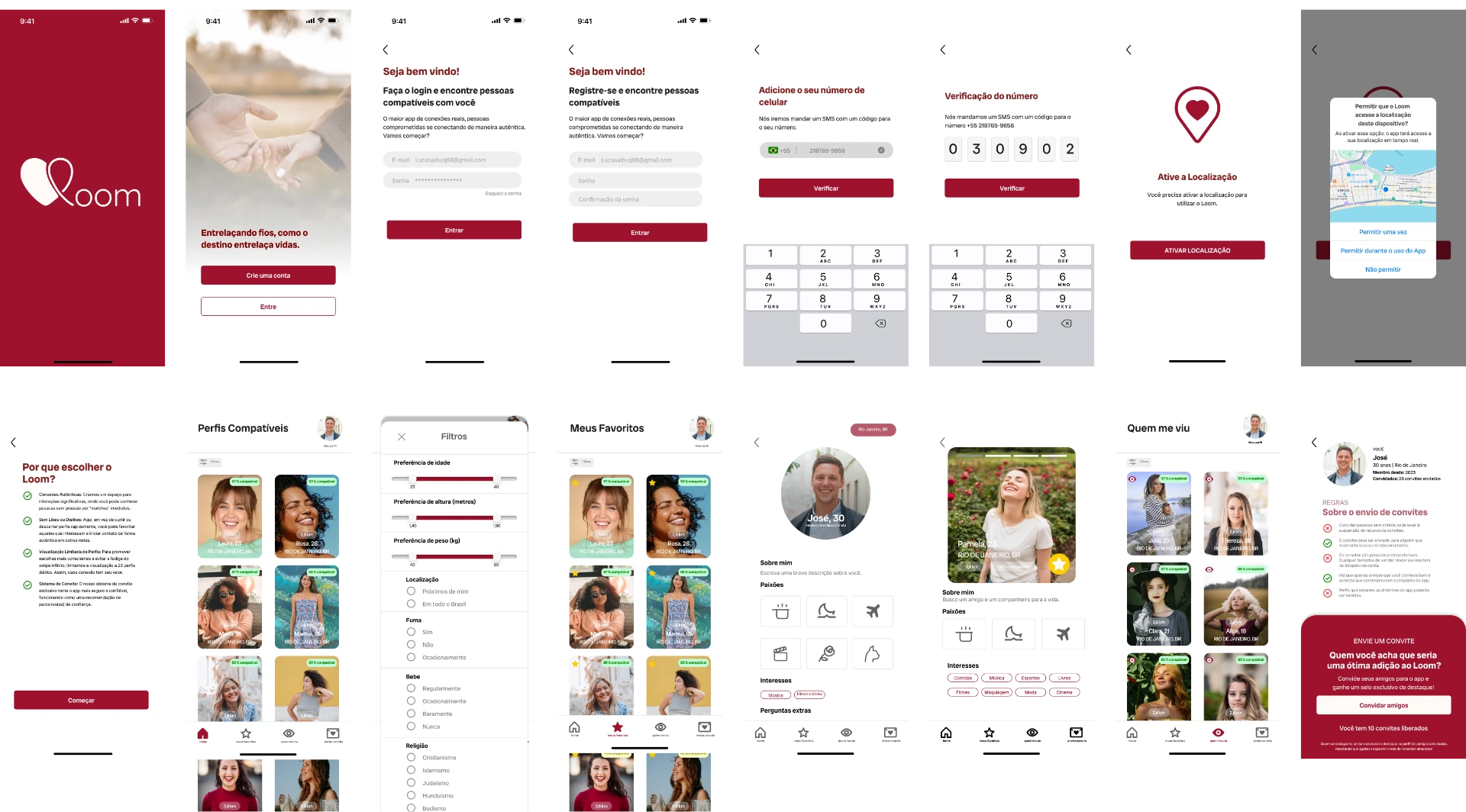 Grade com as telas de alta fidelidade do Loom: splash, boas-vindas, cadastro, verificação, perfis compatíveis, filtros, favoritos, perfil completo e quem me viu