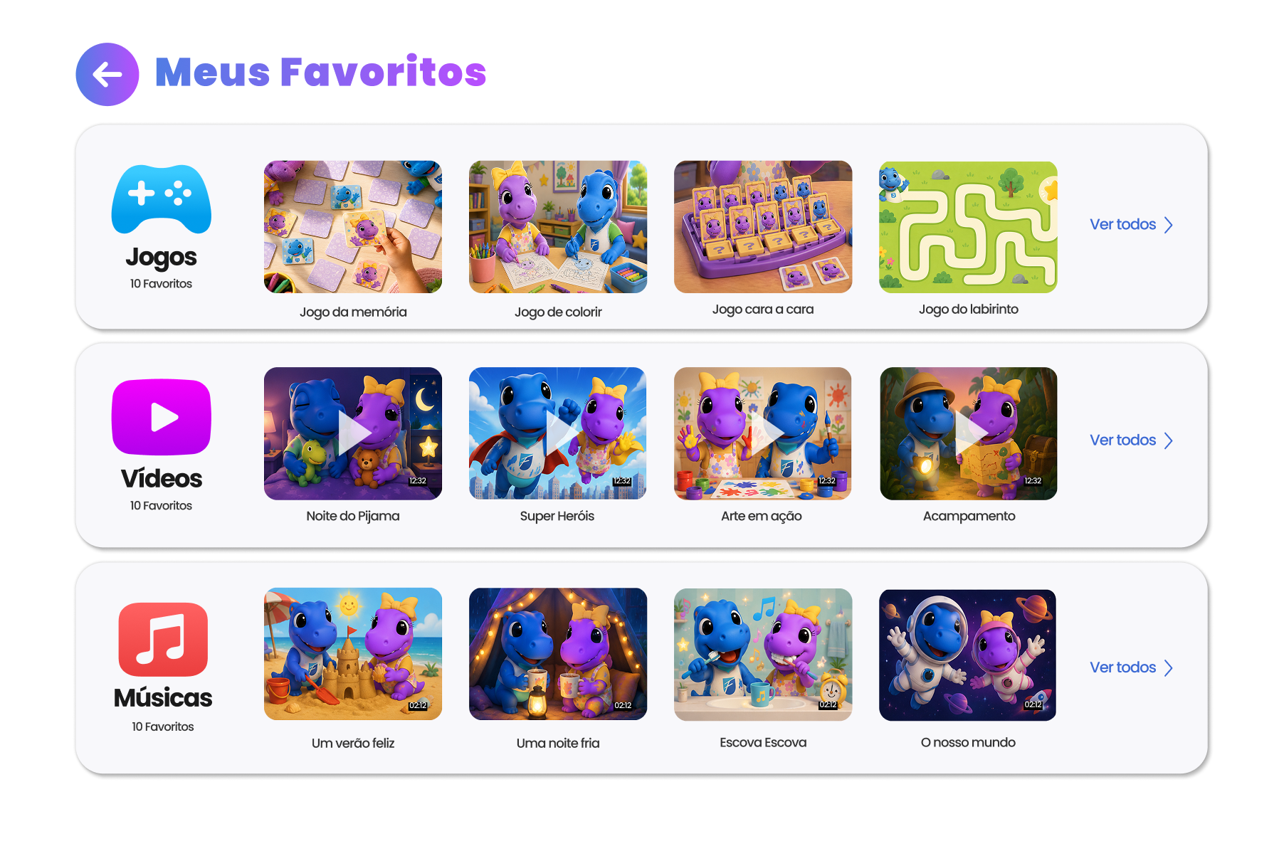 Tela Meus Favoritos com as listas de jogos, vídeos e músicas favoritas