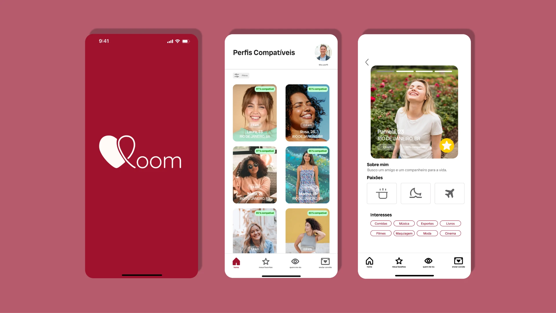 Mockup com três telas do Loom em celulares sobre fundo rosado: splash, perfis compatíveis e perfil completo