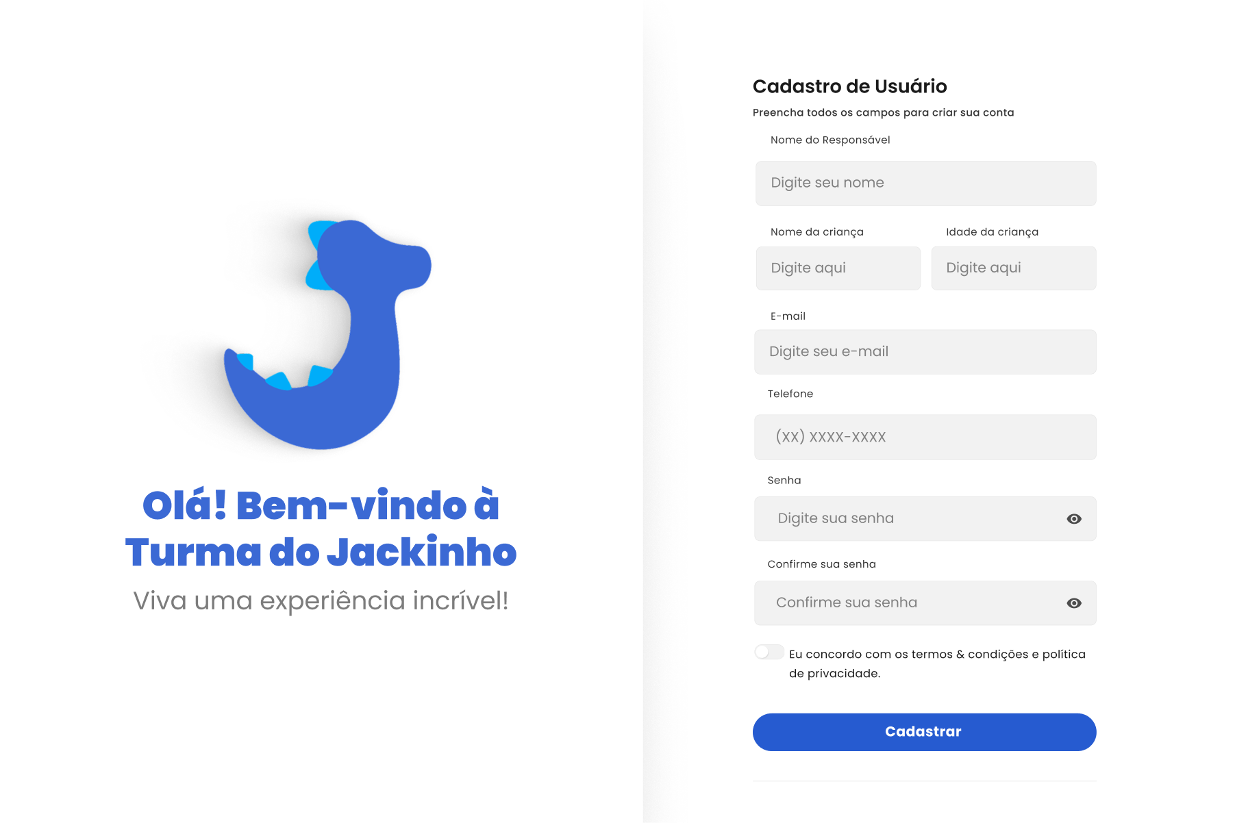 Tela de cadastro de usuário com campos do responsável, da criança, e-mail, telefone e senha