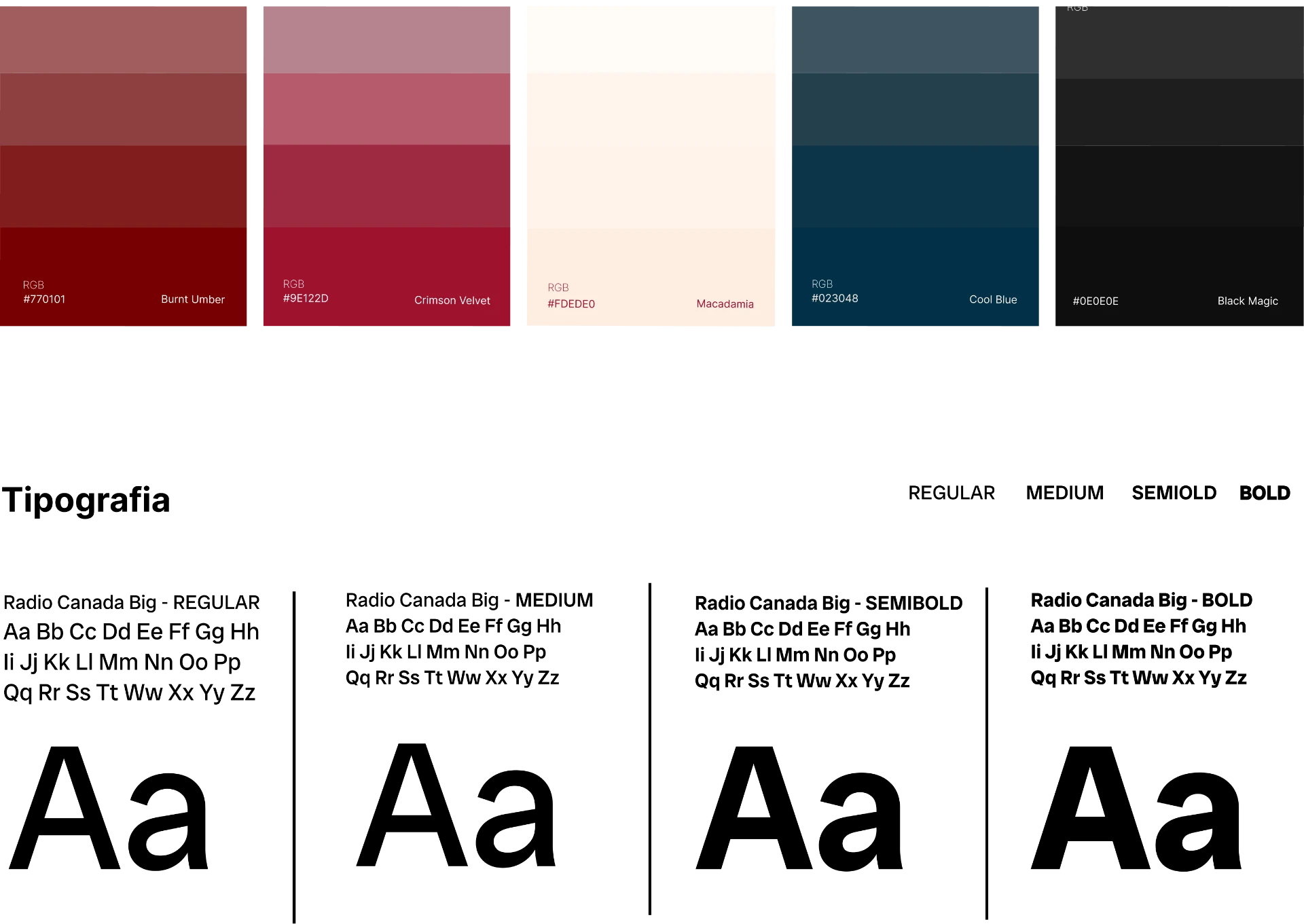 Paleta de cores do Loom em cinco colunas, de vinho a preto, e amostras tipográficas da Radio Canada Big em regular, medium, semibold e bold