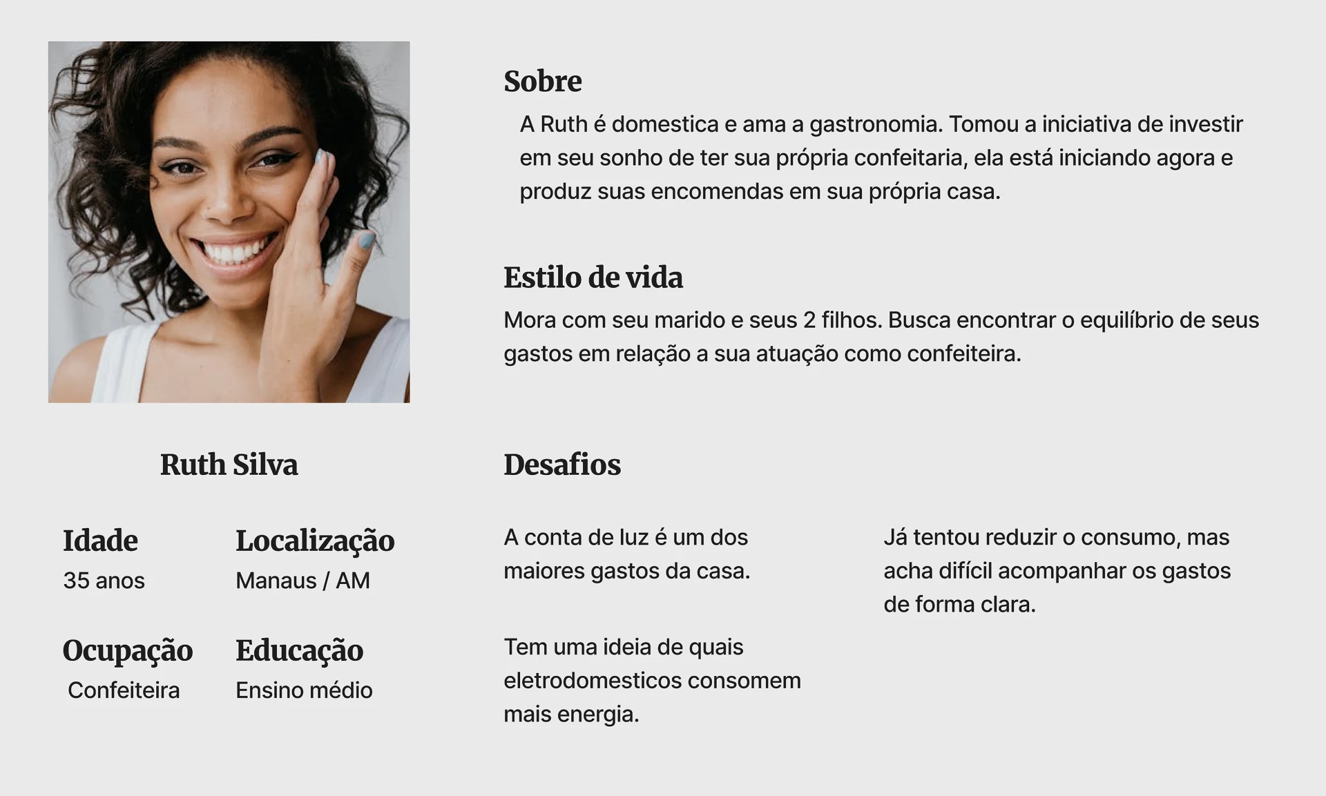 Persona Ruth Silva, 35 anos, confeiteira de Manaus, com seu perfil, estilo de vida e desafios com a conta de luz