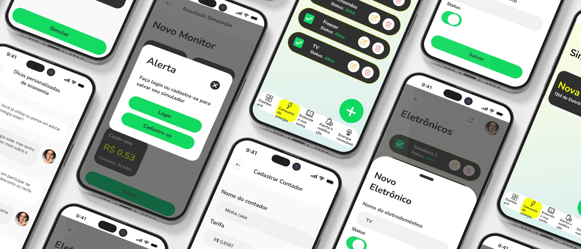 Grade de telas do app ContaLeve em celulares inclinados, mostrando o simulador, novo monitor, alerta de login, cadastro de contador, monitores ativos, eletrônicos e formulário de novo eletrodoméstico