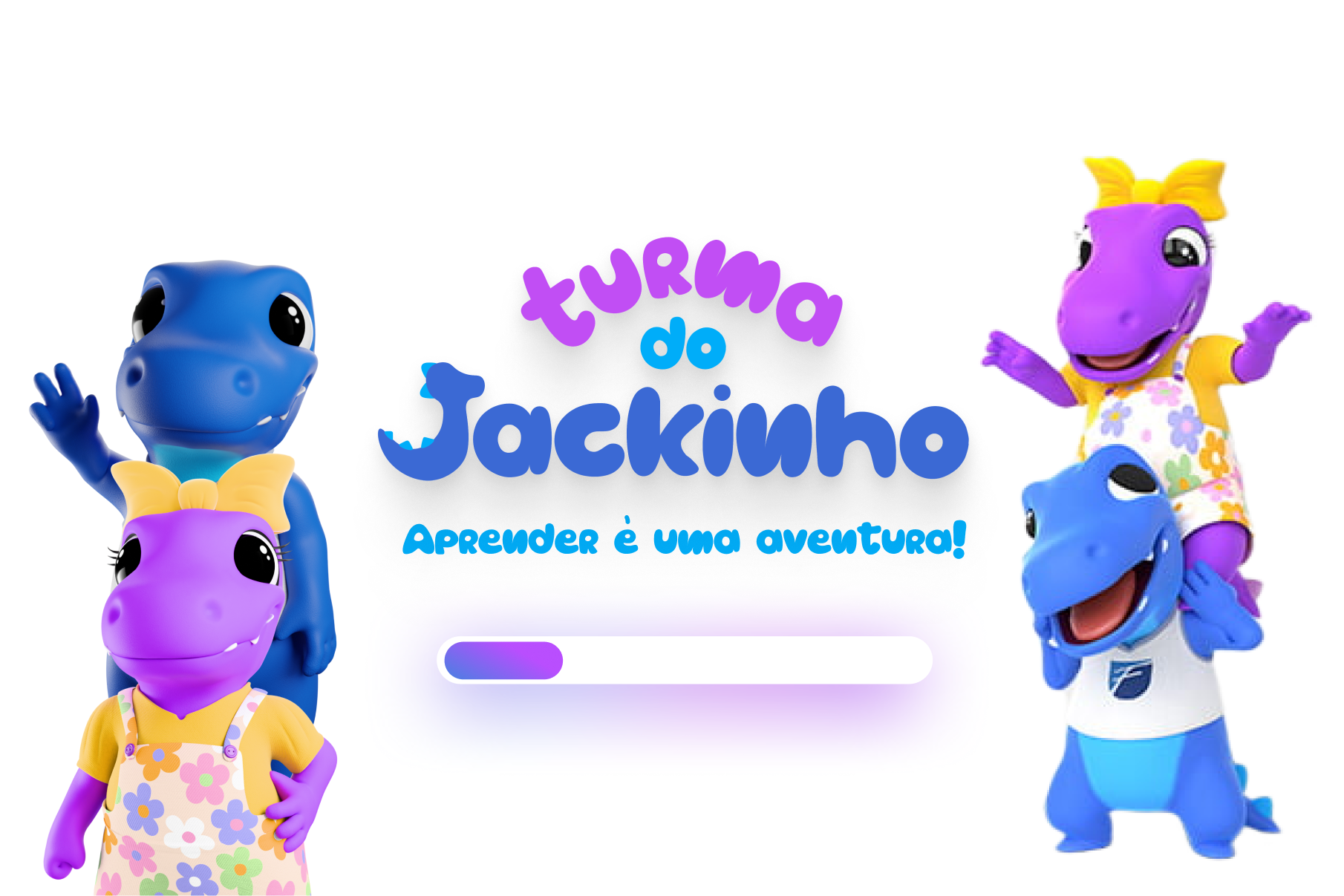 Tela de abertura com os personagens, o logotipo e a frase Aprender é uma aventura!