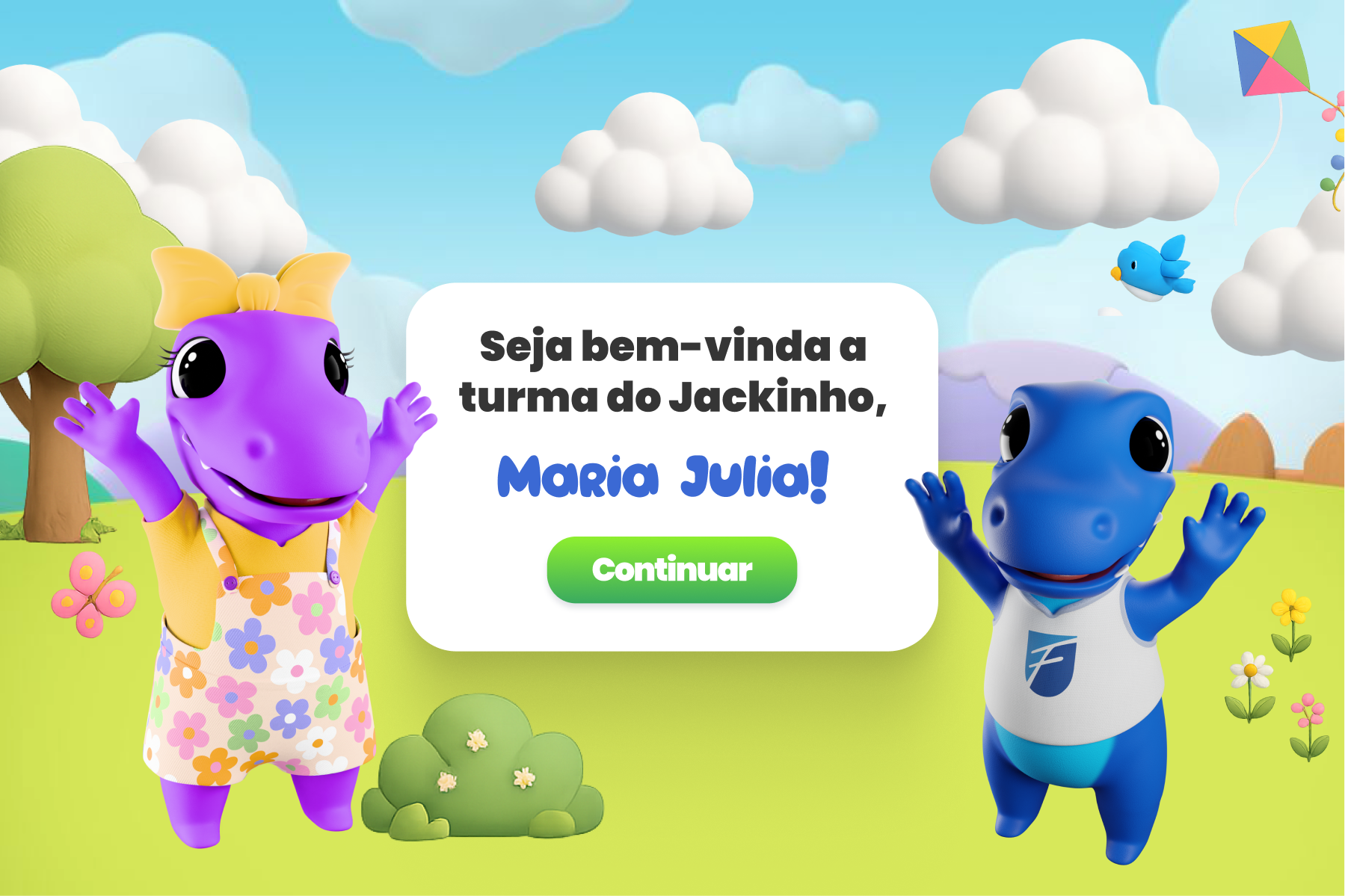 Tela de boas-vindas com os personagens e a mensagem Seja bem-vinda a turma do Jackinho, Maria Julia!