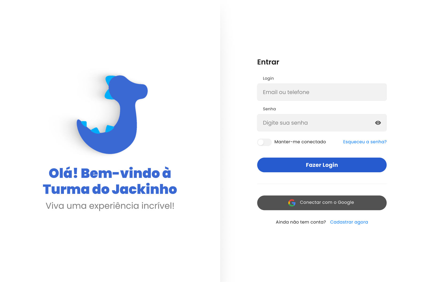 Tela de login com campos de e-mail ou telefone, senha, botão Fazer Login e entrada com o Google