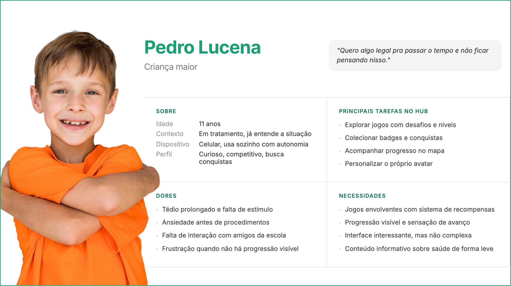Persona Pedro Lucena, 11 anos, criança maior em tratamento, com suas tarefas, dores e necessidades no hub