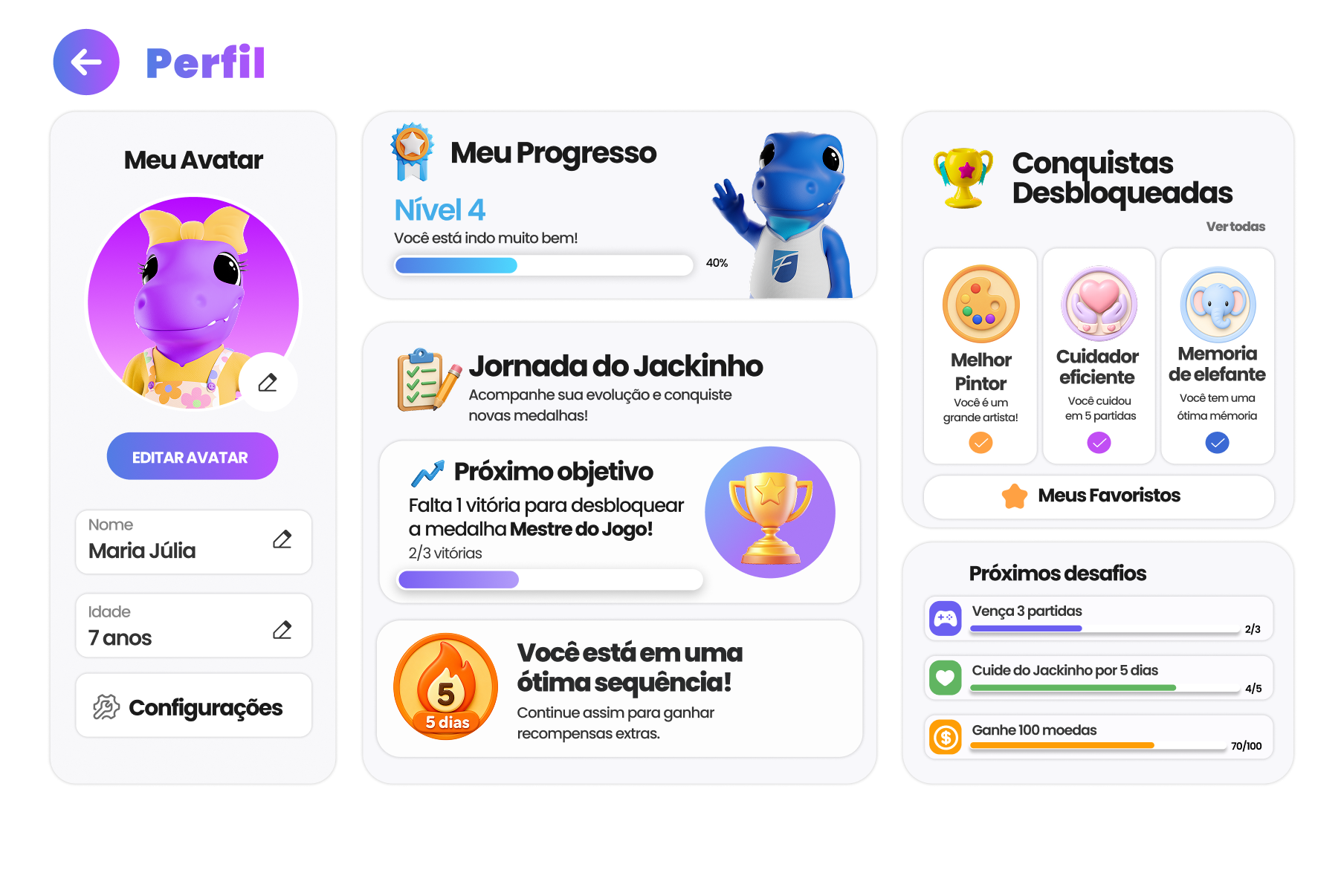 Tela de perfil com avatar, progresso, jornada do Jackinho, conquistas desbloqueadas e próximos desafios