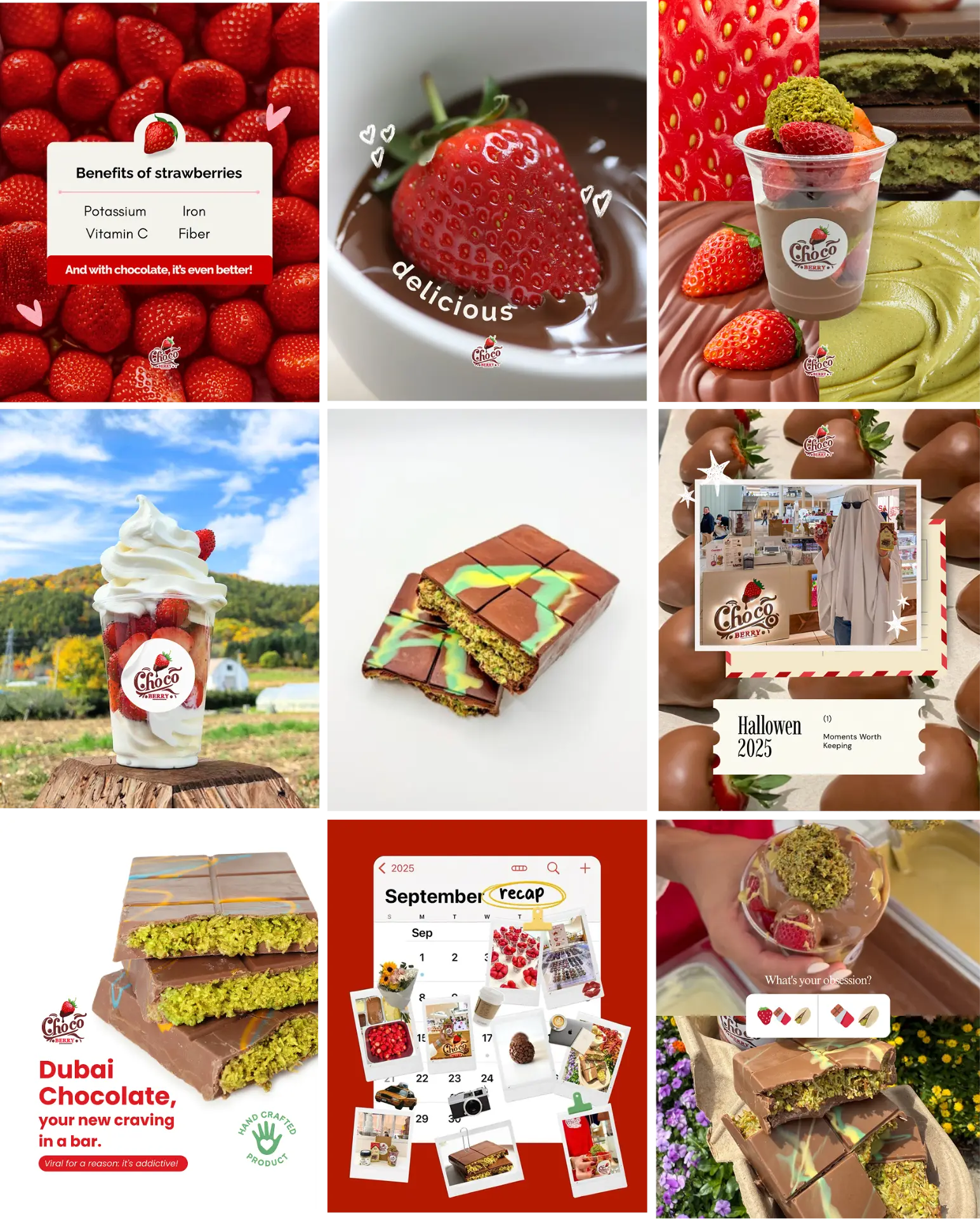 Mosaico de posts de redes sociais do Choco Berry