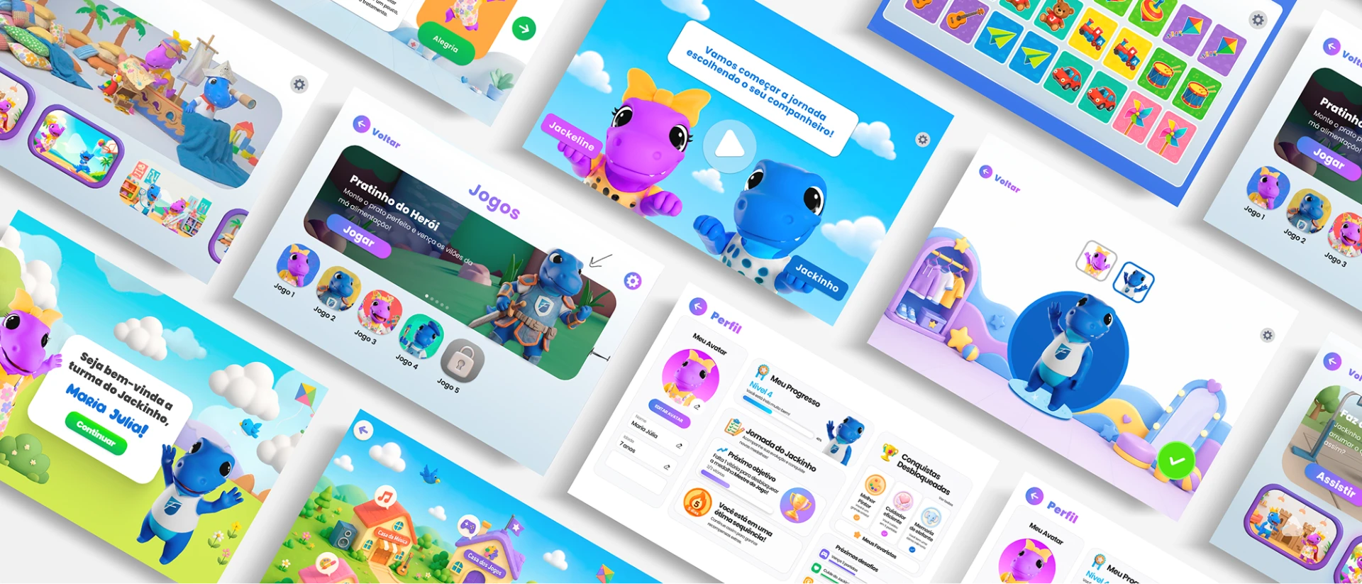 Montagem com várias telas do app: mapa, jogos, escolha de personagem, perfil e boas-vindas