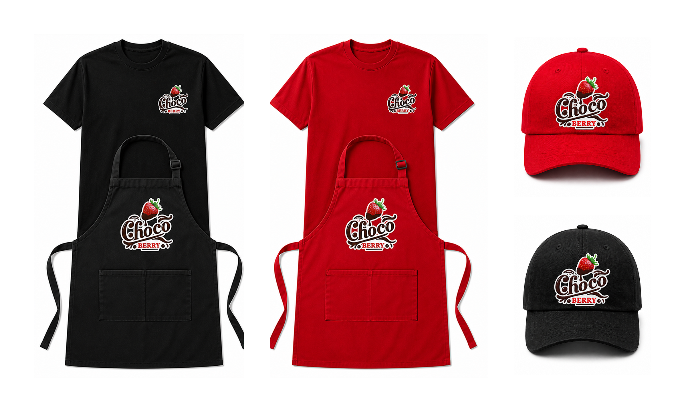 Uniformes completos do Choco Berry: camisetas, aventais e bonés pretos e vermelhos