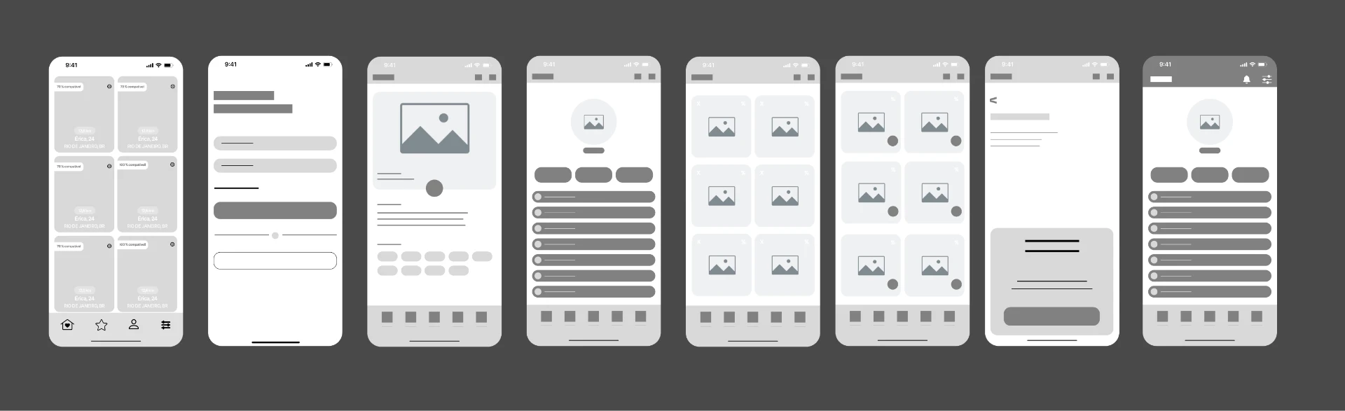 Oito wireframes em escala de cinza das telas principais do Loom, com grid de colunas visível
